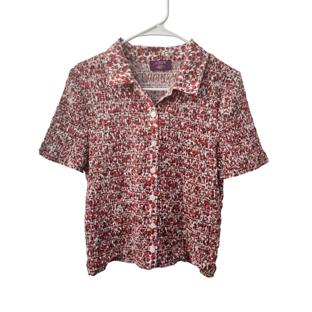 J. Crew Liberty Fabric Smocked Button Down Shirt Red Floral Cotton Cottagecore